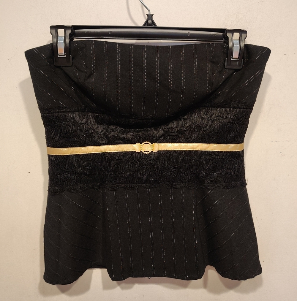 Three Pink Hearts Trixxi Woven Black Pinstripe Sleeveless Corset Top Sz M -Y2K